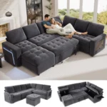 7-Seat Modular Sectional Sofa Pull-Out Bed Reclining Backrest USB Ports Table LED Lights Storage Sofa Chair Cushion Schlafsofa