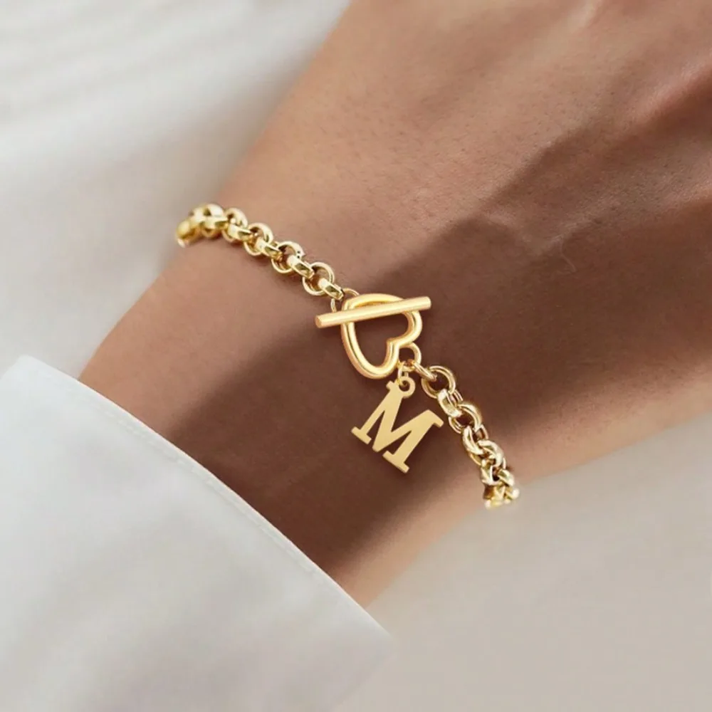 kf-Se018c8022d1b4c99bae4204144670e83Y Classic A-Z Letter Bracelets For Women Gold Plated Stainless Steel Initial Heart Toggle Clasps Valentines Jewelry Gift - Image 1