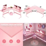 Pink L-Shaped Gaming Desk with Large Monitor Stand for Home Office, Study, and Writing