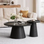 2-Piece Nesting Coffee Table Set: Marble Veneer Fluted Round, Modern Minimalist for Living Room/Office