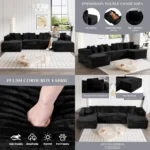 Modular Sectional Sofa in Cloud Design, 131 Black Couches for Living Room, Deep Seated Plush Corduroy Sofa, Modern Comfort