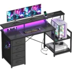 55 Inch Computer Gaming Desk with Power Outlets & 4 Drawers, Home Office Desk with Monitor Stand & Printer Shelves, Black