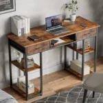 JHK 48 Inch Double Deck Shelving Office Computer Desk with Pull-out Fabric Storage Drawers Metal Frame Adjustable Feet Table ﻿