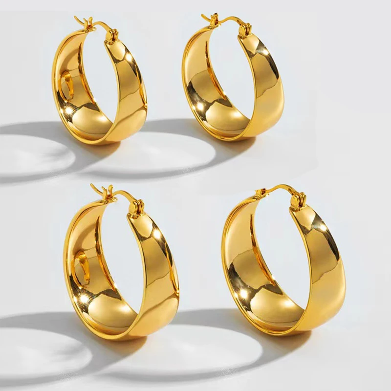 kf-Sf4f3ac288cdd462bb648d6a3c9cacb84A 25/30mm Stainless Steel Gold Plated Smooth Wide Hoop Earrings for Women Large Circle Earring Statement Jewelry Gift - Image 1