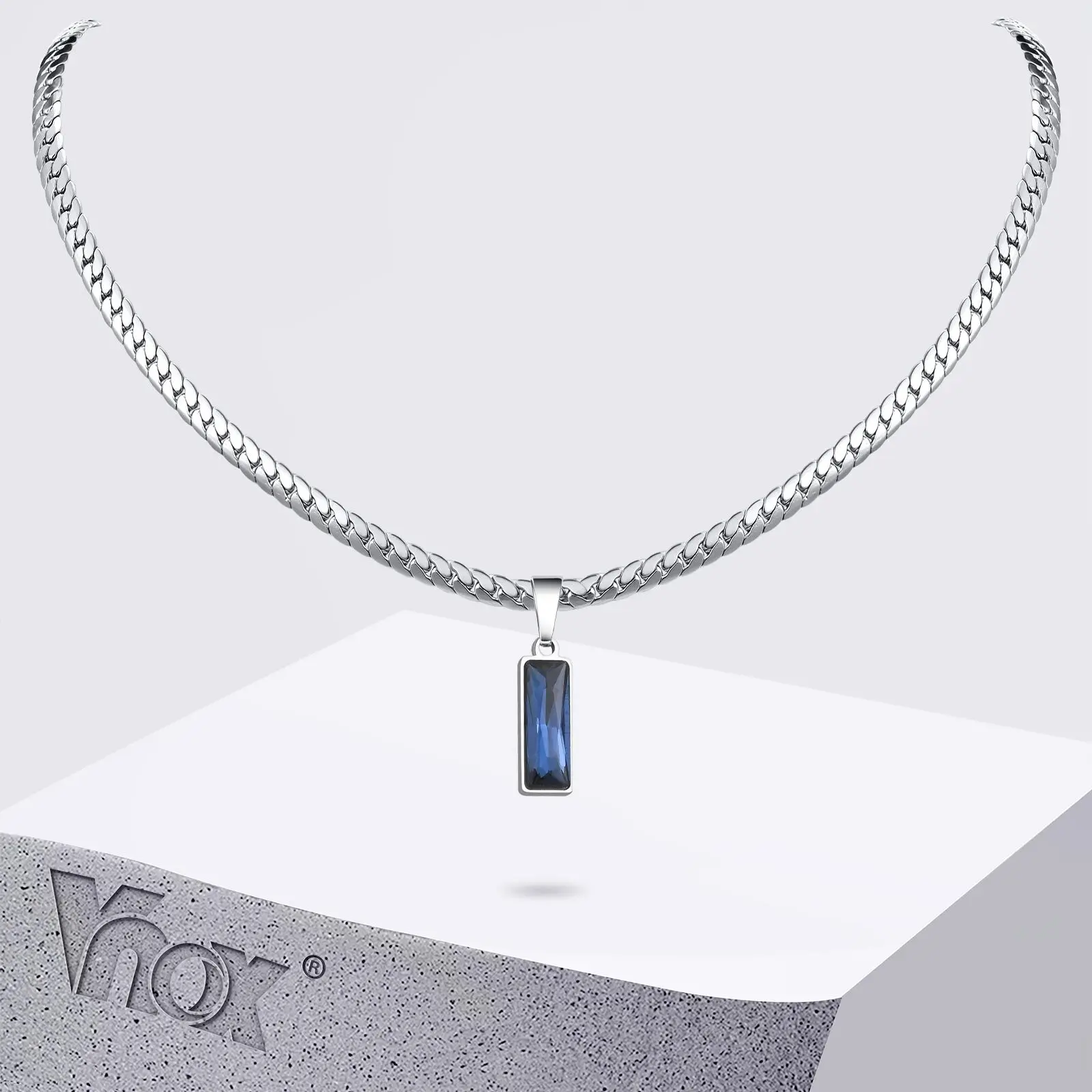 kf-Sfb0793ade0df4083a153e5d28a02b400R Vnox Stylish Square Stone Pendent Necklaces for Men, Stainless Steel Flat Cuban Chain Collars, Hip Hop Jewelry Gift for Him Boys - Image 1