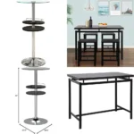 Modern Contemporary Bar Table with Tempered Glass Top, Storage Space, and Sleek Black Finish