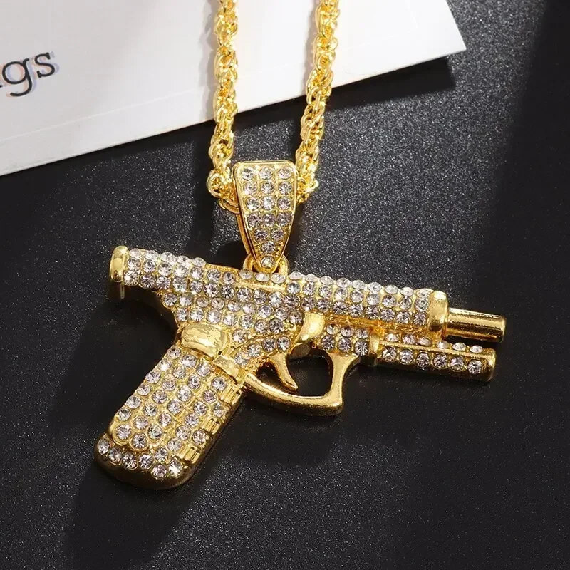 kf-Sffbda7d69dba42cabfac8e133739c5a2O Bling Iced Out Pistol Pendant Submachine Gun Necklace Men Personality Hip Hop Rock Punk Cool Street Party Jewelry Gift - Image 1